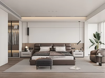 Modern Bedroom Interior Design With Brown Bed Glass Door Wardrobe Wooden Floor And Area Rug 3d model