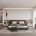 Modern Bedroom Interior Design With Brown Bed Glass Door Wardrobe Wooden Floor And Area Rug