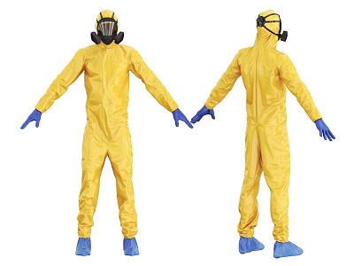 Yellow Protective Suit With Gas Mask Blue Gloves And Blue Boots Front Back View 3d model