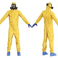 Yellow Protective Suit With Gas Mask Blue Gloves And Blue Boots Front Back View