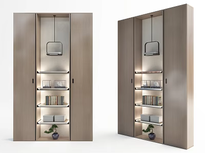 Modern Wooden Display Cabinet With Shelves Books Decorative Items Hanging Lamp And Small Plant 3d model