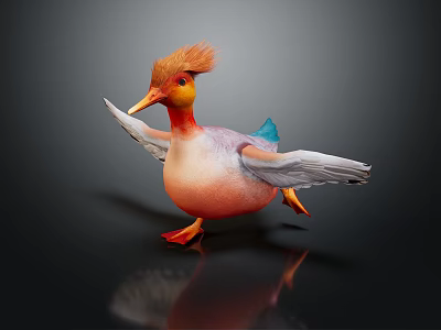 Colorful Duck Standing with Orange Crest Yellow Beak Red Feet White Blue Wings on Black 3d model