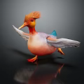 Colorful Duck Standing with Orange Crest Yellow Beak Red Feet White Blue Wings on Black