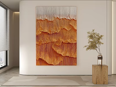 Wavy Orange White Textured Decorative Artwork On Wall With Wooden Vase Plant In Minimalist Interior Room 3d model