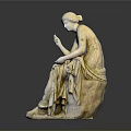 Classical Woman Statue In Sitting Posture With Flowing Drapery And Contemplative Hand Gesture