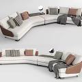 Modern Curved Beige Sectional Sofa With Colorful Pillows Throw Blanket And Side Table 3d model