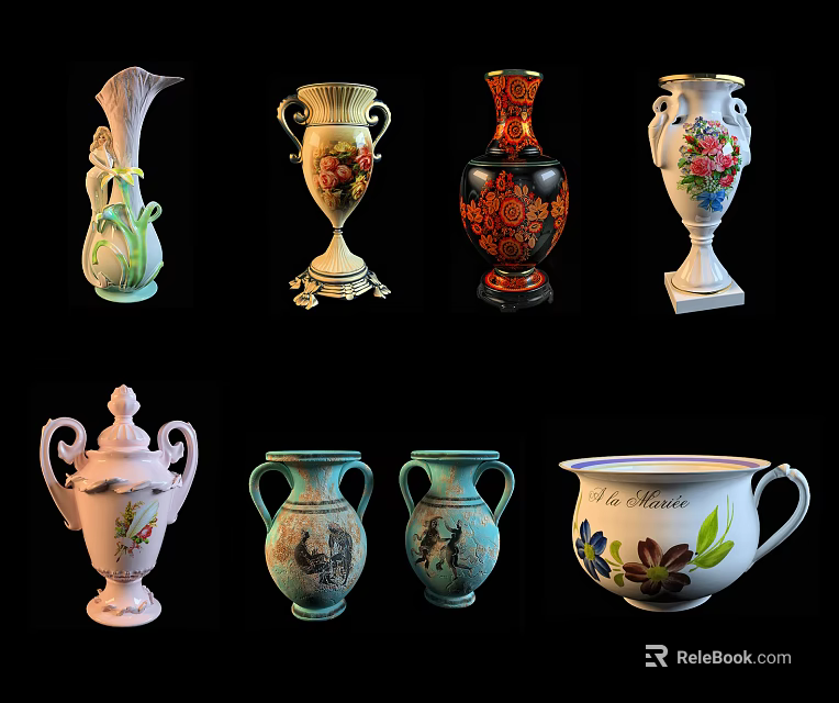 Assorted Ceramic Vessels With Floral Patterns And Colorful Designs Including Vases Jars And Mugs 3d model 