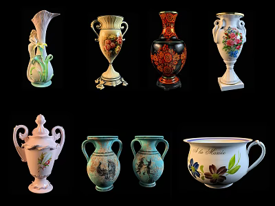 Assorted Ceramic Vessels With Floral Patterns And Colorful Designs Including Vases Jars And Mugs 3d model