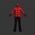 Red Hooded Down Jacket With Goggles Dark Pants And Black Gloves