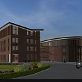 Modern Red Brick Office Building With Circular And Rectangular Design Front Lawn And Blue Sky