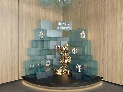 Christmas Decor Display With Golden Statue Transparent Tiers Wooden Wall And Welcome Signs 3d model