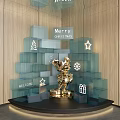 Christmas Decor Display With Golden Statue Transparent Tiers Wooden Wall And Welcome Signs