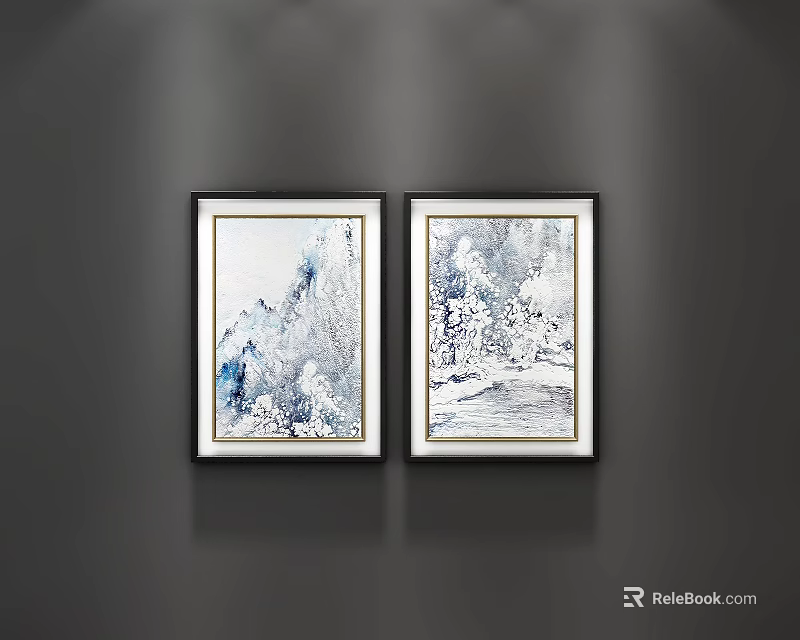 Two Framed Abstract Paintings With Oriental Ink Style On Dark Wall 3d model 