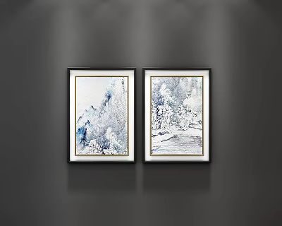 Two Framed Abstract Paintings With Oriental Ink Style On Dark Wall 3d model