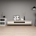 Modern White Wooden TV Stand With Side Cabinet Decorations Vase And Floor Lamp