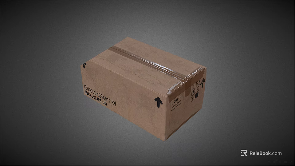 Brown Cardboard Box Strapped With Transparent Tape And Black Text Arrows 3d model 