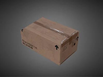 Brown Cardboard Box Strapped With Transparent Tape And Black Text Arrows 3d model