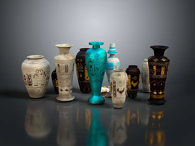 Various Hand Carved Vases With Intricate Sculpted Patterns And Colors 3d model