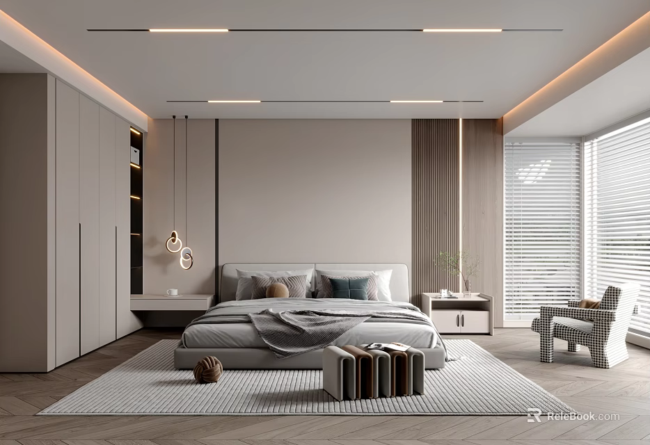 Modern Minimalist Bedroom Interior With Light Colored Wardrobe Wooden Floor And Linear Ceiling Lights 3d model 