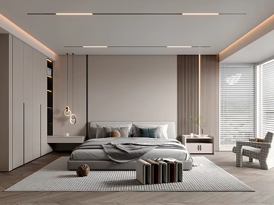 Modern Minimalist Bedroom Interior With Light Colored Wardrobe Wooden Floor And Linear Ceiling Lights 3d model