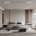 Modern Minimalist Bedroom Interior With Light Colored Wardrobe Wooden Floor And Linear Ceiling Lights