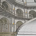 Elegant Clubhouse Interior With Arched Windows Stone Floor And Wooden Railing