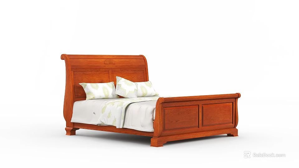 Solid Wood Double Bed With High Headboard White Bedspread And Green Patterned Pillows 3d model