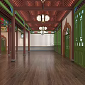 Traditional Chinese Architecture Interior With Wooden Beams Colorful Paintings Red Banner And Green Windows