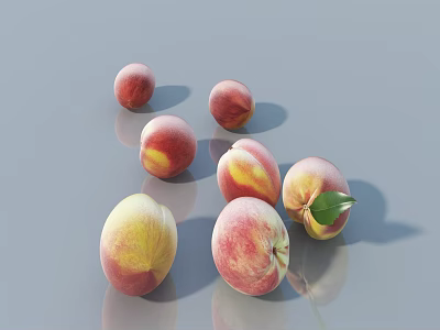Fresh Pink And Yellow Peaches With Green Leaves On Smooth Gray Surface 3d model