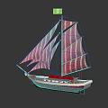 Colorful Striped Sails Small Sailboat Featuring White Blue Hull And Decorative Flag