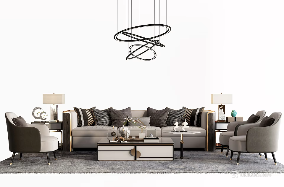 Modern Sofa Coffee Table Combination With Throw Pillows Side Tables And Hanging Lamp 3d model