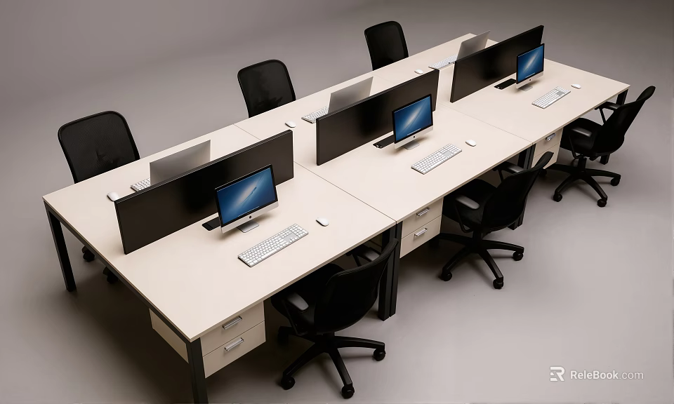 Modern Office Workstations With Light Colored Desks Dividers Computer Monitors And Black Chairs 3d model