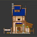 Cartoon Scenery Wooden House With Blue Roof Chimney Balcony And Outdoor Tables Chairs