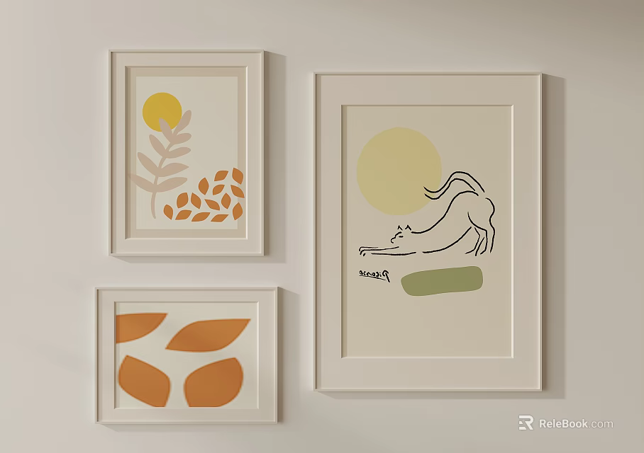 Three Framed Decorative Wall Artworks With Yellow Circle Cat Orange Shapes And Green Elements 3d model 