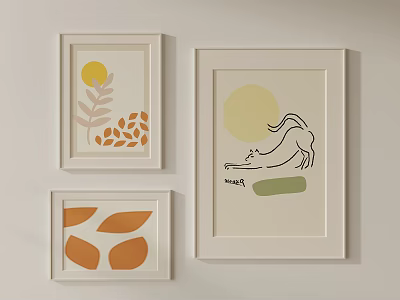 Three Framed Decorative Wall Artworks With Yellow Circle Cat Orange Shapes And Green Elements 3d model