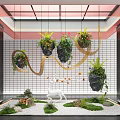 Stylish Indoor Landscape With Hanging Plants Grid Wall And White Deer Statue 3d model