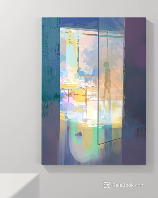 Vibrant Landscape Painting With Green Mountains Blue River And Golden Sunset Light 3d model 