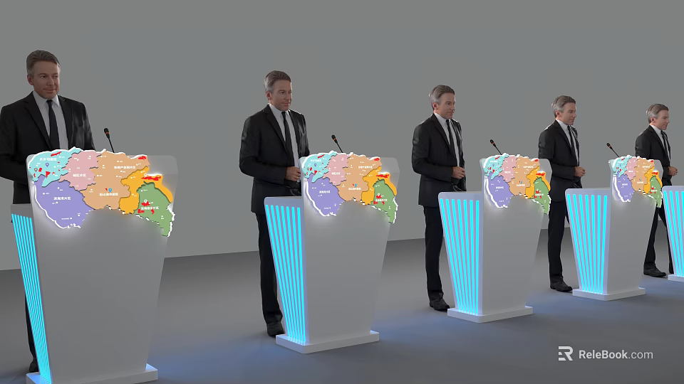 Men In Formal Suits Standing At Podiums With Colorful Maps And Blue Lights 3d model 