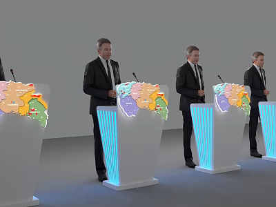 Men In Formal Suits Standing At Podiums With Colorful Maps And Blue Lights 3d model