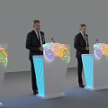 Men In Formal Suits Standing At Podiums With Colorful Maps And Blue Lights