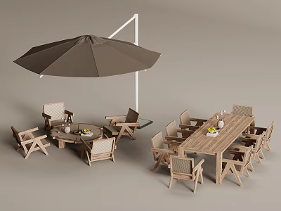 Wooden Outdoor Table Set With Matching Chairs And Large Brown Umbrella 3d model