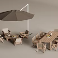 Wooden Outdoor Table Set With Matching Chairs And Large Brown Umbrella