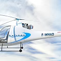 White Aerospatiale Helicopter With Transparent Cockpit Seats Blue Sky White Clouds Gray Stone Ground