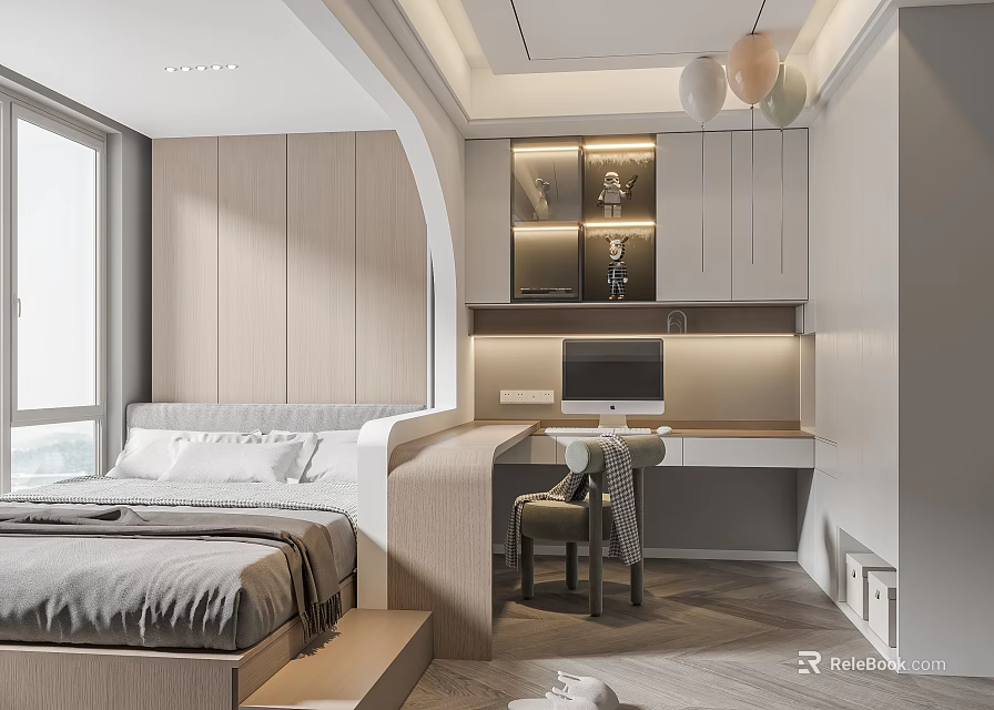 Modern Tatami Bedroom Interior Design With Wooden Desk Chair Window And Storage Cabinets 3d model 