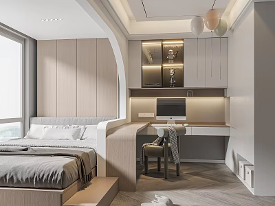 Modern Tatami Bedroom Interior Design With Wooden Desk Chair Window And Storage Cabinets 3d model