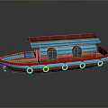 Colorful Small Wooden Water Transport Boat With Red Blue Cabin And Windows