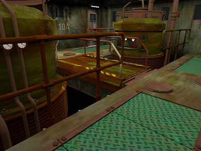 Cartoon Industrial Facility Scene Featuring Green Containers Rusty Metal Railings Grated Floor And Number 10A 3d model