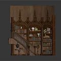 Gothic Architecture Inspired Ornate Bookshelf With Carved Details Multiple Shelves Staircase And Side Table