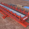 Precast Bridge Components With Red Structure At Construction Site And Stacked Materials 3d model