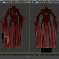 Elegant Crimson Red Long Dress With High Neck Corset Waist Flared Sleeves And Decorative Shoulders